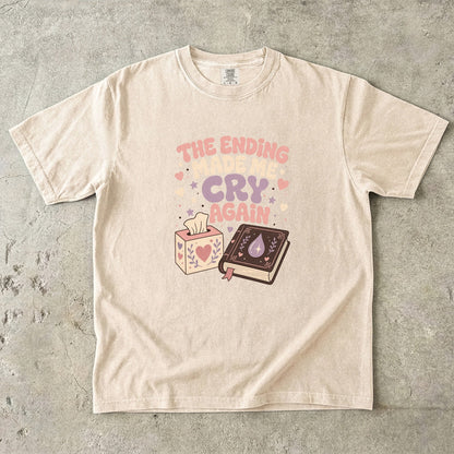 The Ending Made Me Cry Again funny reading shirt in Ivory with pastel hearts, stars, book and tissue box illustration.