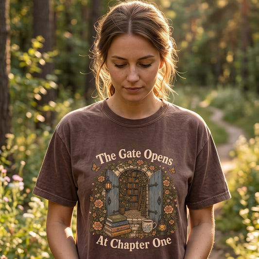 Person wearing The Gate Opens at Chapter One Comfort Colors® Book Lover T-shirt while holding books outdoors in a peaceful woodland setting.