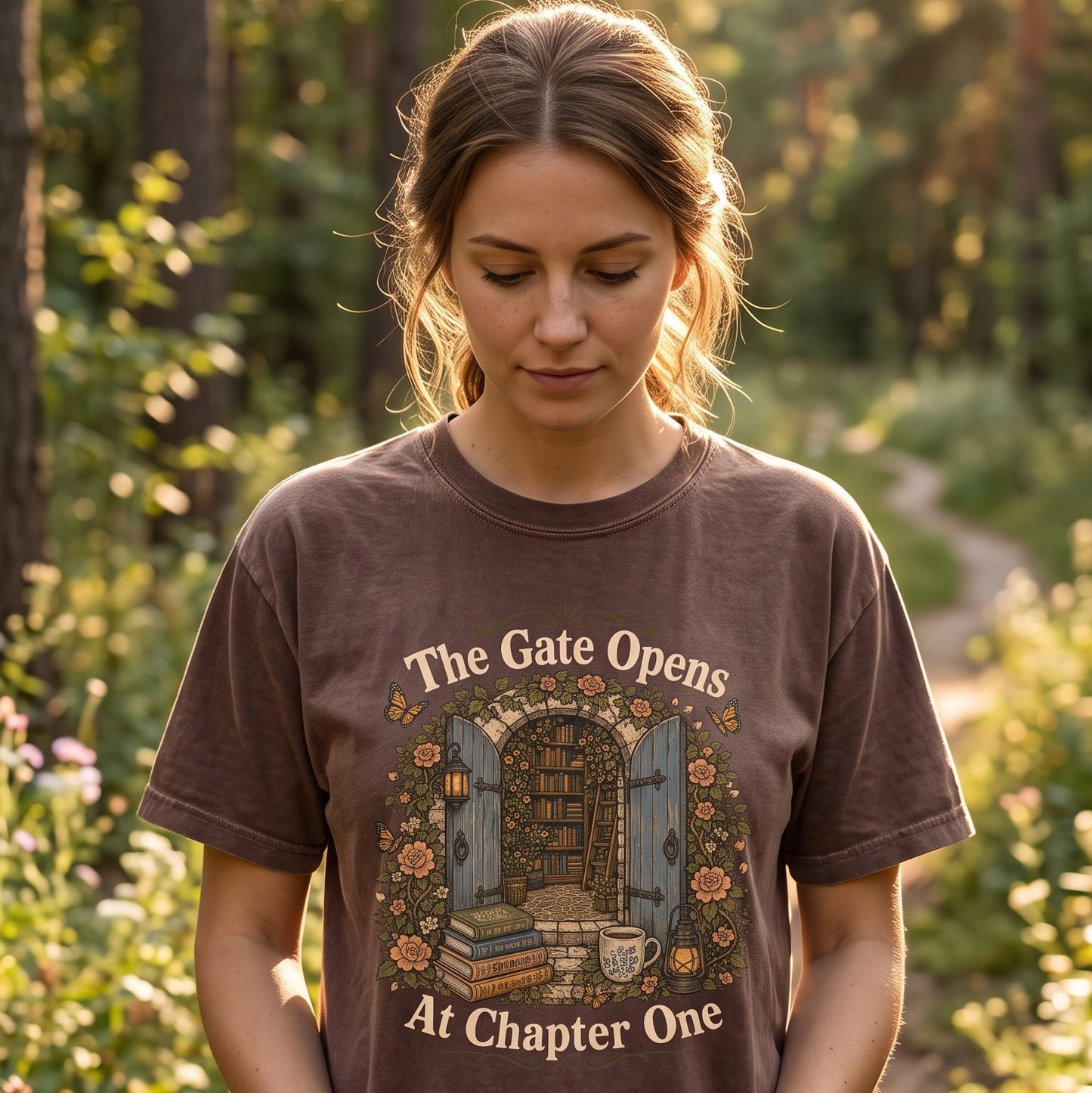 The Gate Opens at Chapter One literary T-shirt featuring a garden gateway into a hidden library with books, flowers and butterflies
