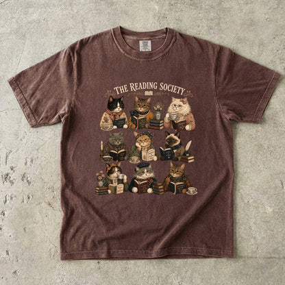 Espresso Comfort Colors cat lover shirt featuring literary cats reading books in The Reading Society design.