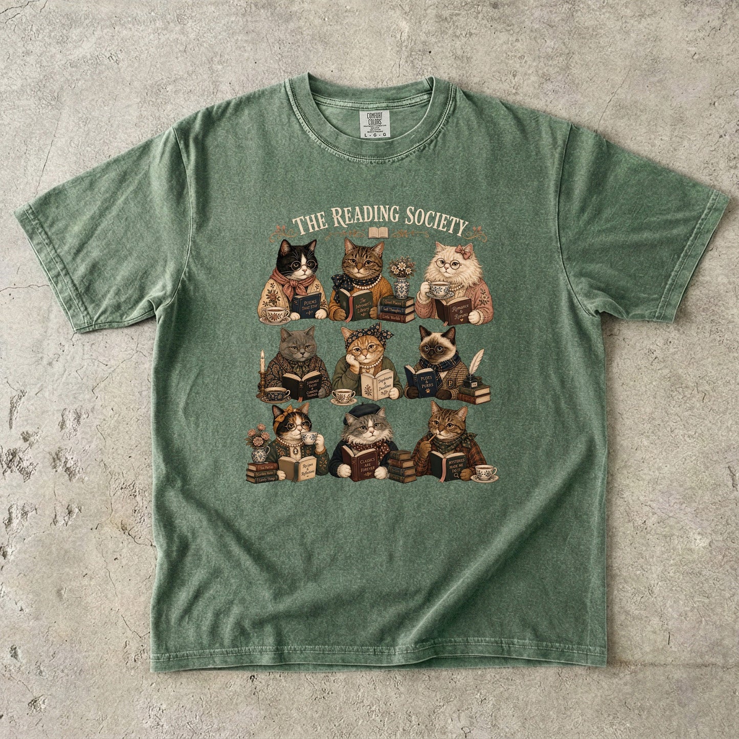 Moss Comfort Colors reading shirt featuring The Reading Society vintage book club cats with books and tea.