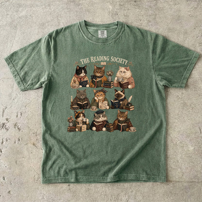 Moss Comfort Colors reading shirt featuring The Reading Society vintage book club cats with books and tea.
