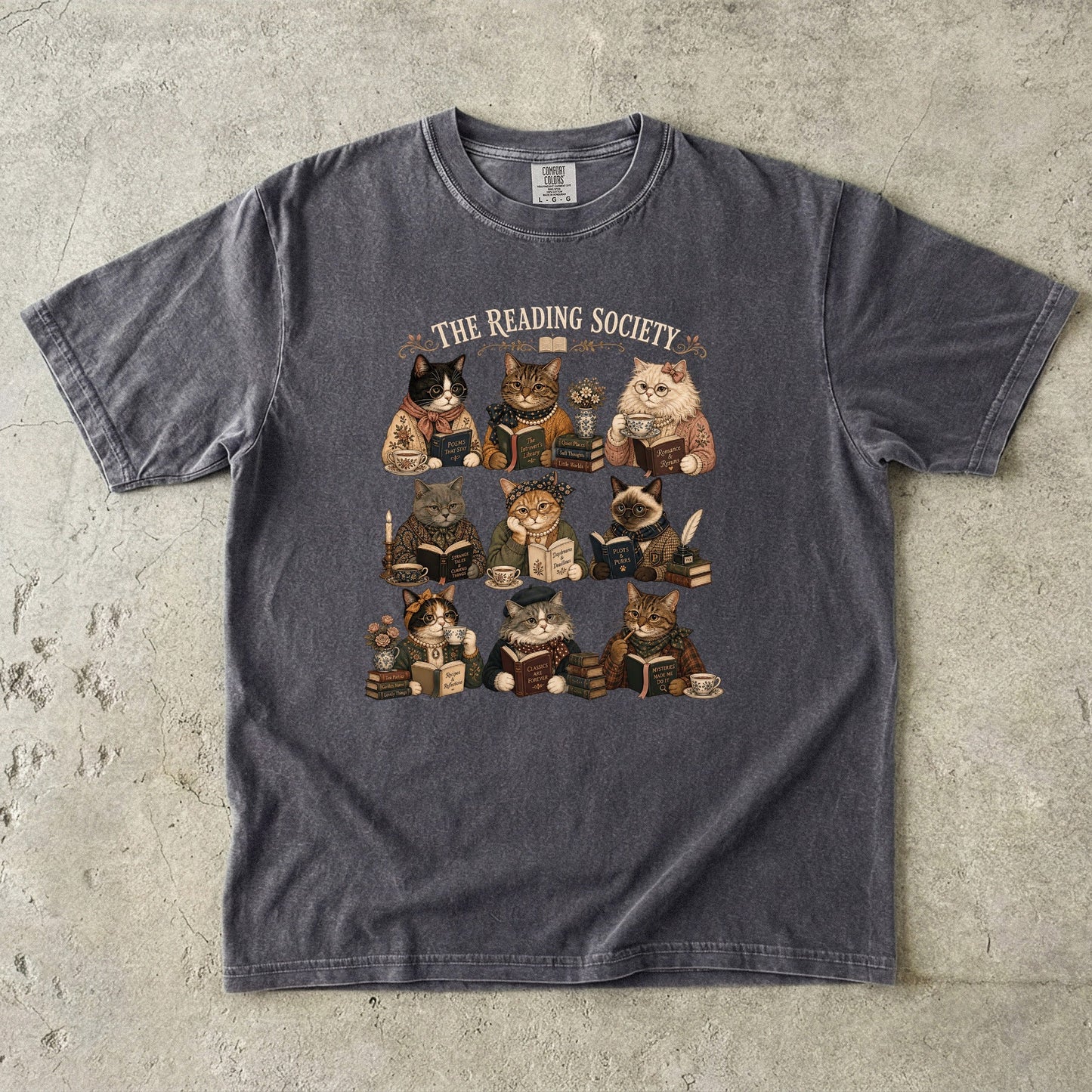 Pepper Comfort Colors bookish T-shirt featuring vintage literary cats reading in The Reading Society design.