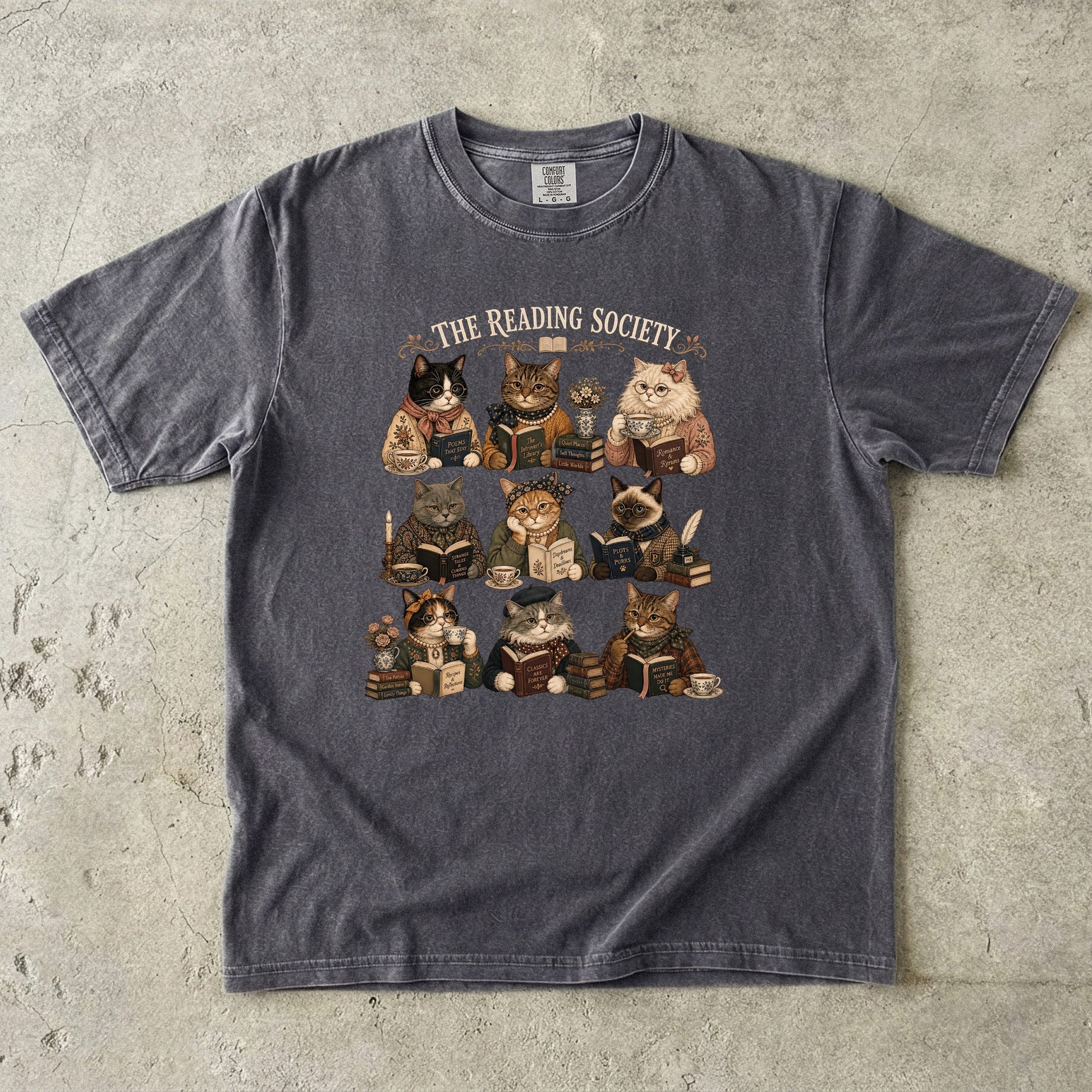 Pepper Comfort Colors bookish T-shirt featuring vintage literary cats reading in The Reading Society design.