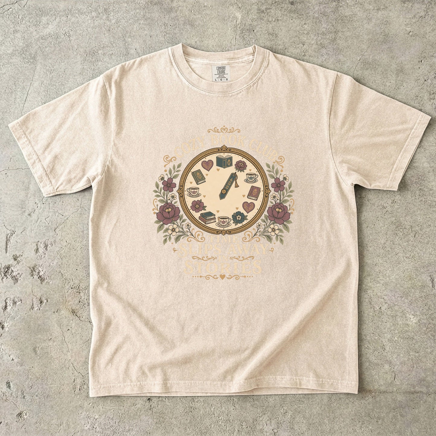 Time Slips Away in Stories book club T-shirt in Ivory featuring a vintage clock with books, teacups, hearts and flowers