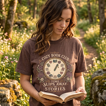 Time Slips Away in Stories book club T-shirt featuring a decorative clock surrounded by books, teacups, flowers and hearts
