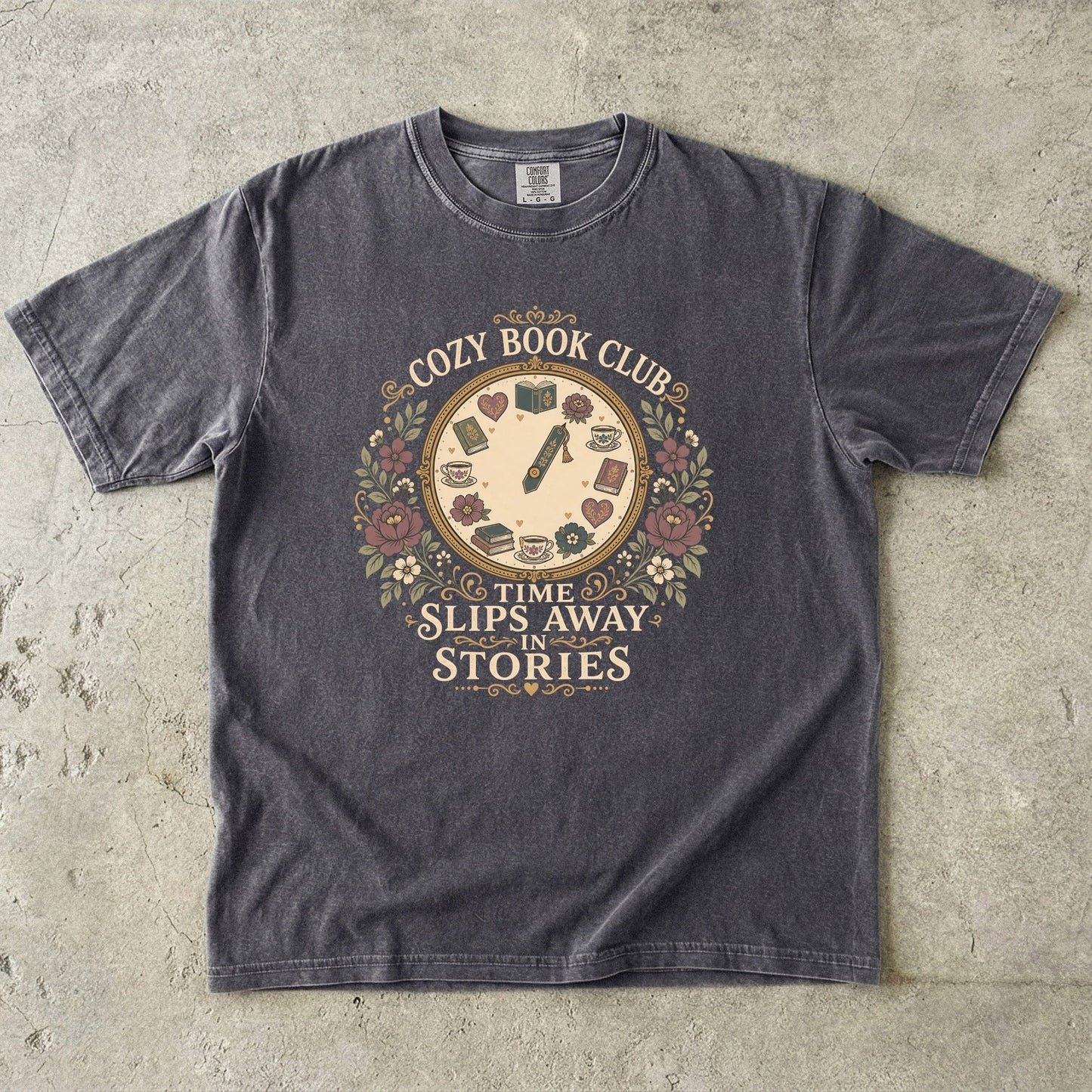 Time Slips Away in Stories book club T-shirt in Pepper featuring a vintage clock with books, teacups, hearts and flowers