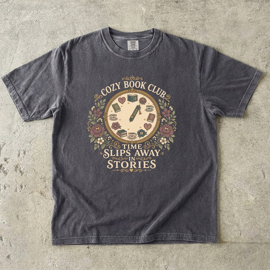 Time Slips Away in Stories book club T-shirt in Pepper featuring a vintage clock with books, teacups, hearts and flowers