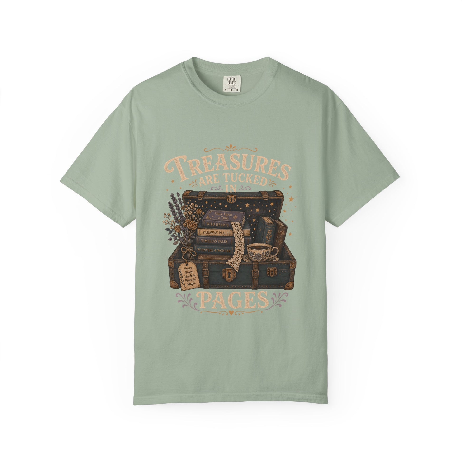 Front view of the Comfort Colors 1717 T-shirt in bay featuring the "Treasures Are Tucked in Pages" vintage illustration with an open treasure chest filled with books 