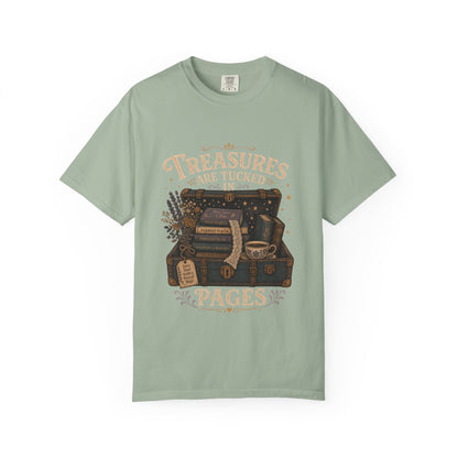 Front view of the Comfort Colors 1717 T-shirt in bay featuring the "Treasures Are Tucked in Pages" vintage illustration with an open treasure chest filled with books 
