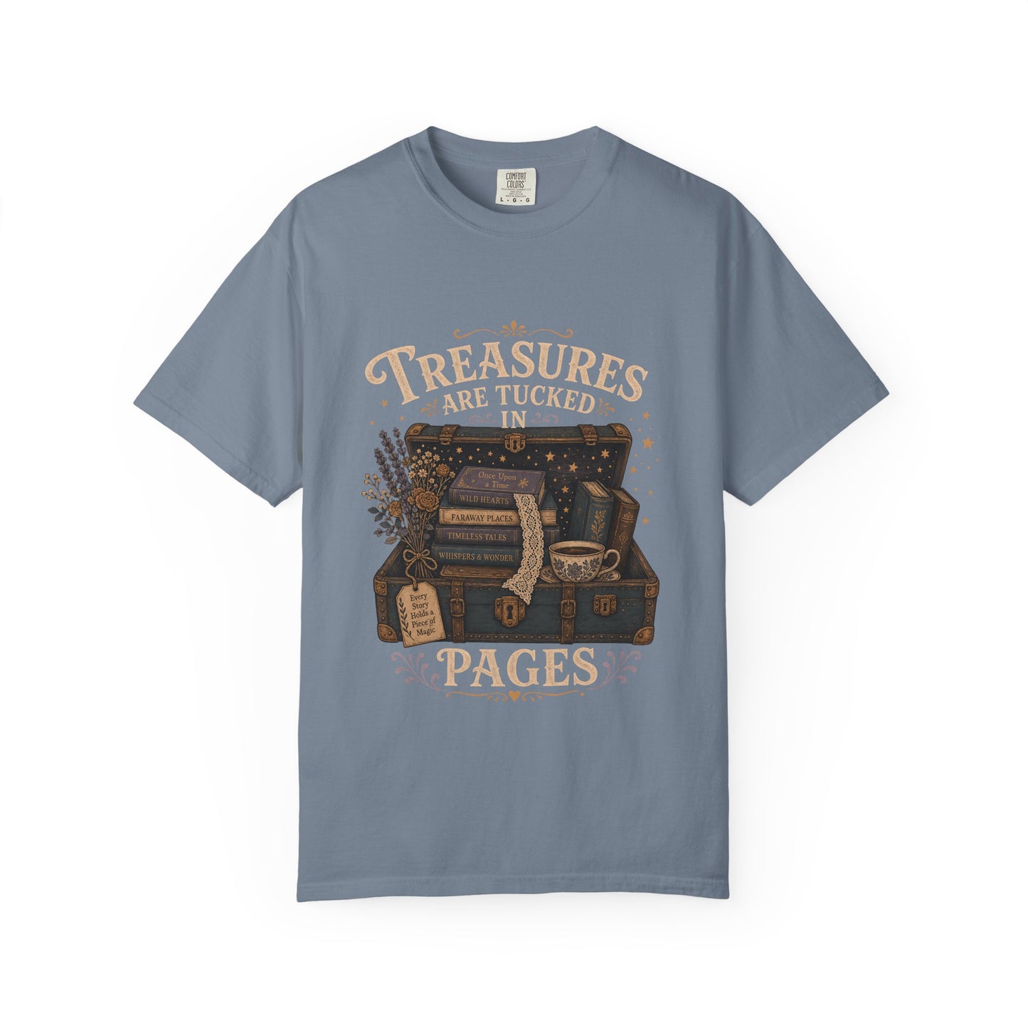 Treasures Are Tucked in Pages book lover T-shirt in Blue Jean with a vintage trunk, books, flowers and teacup artwork