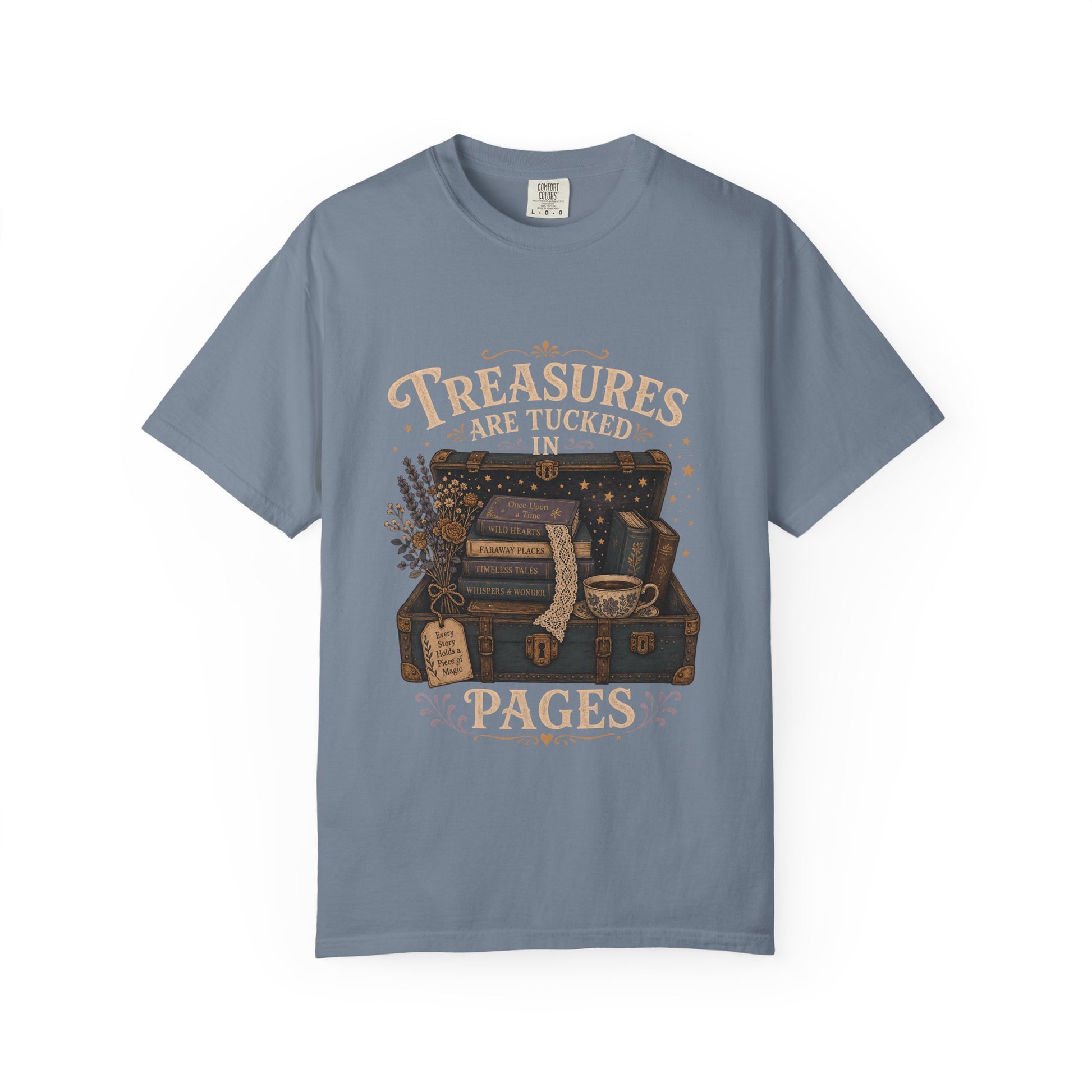 Treasures Are Tucked in Pages book lover T-shirt in Blue Jean with a vintage trunk, books, flowers and teacup artwork