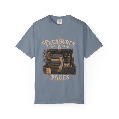 Treasures Are Tucked in Pages book lover T-shirt in Blue Jean with a vintage trunk, books, flowers and teacup artwork
