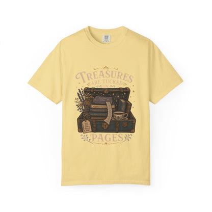 Treasures Are Tucked in Pages book lover T-shirt in Butter with a vintage trunk, books, flowers and teacup artwork