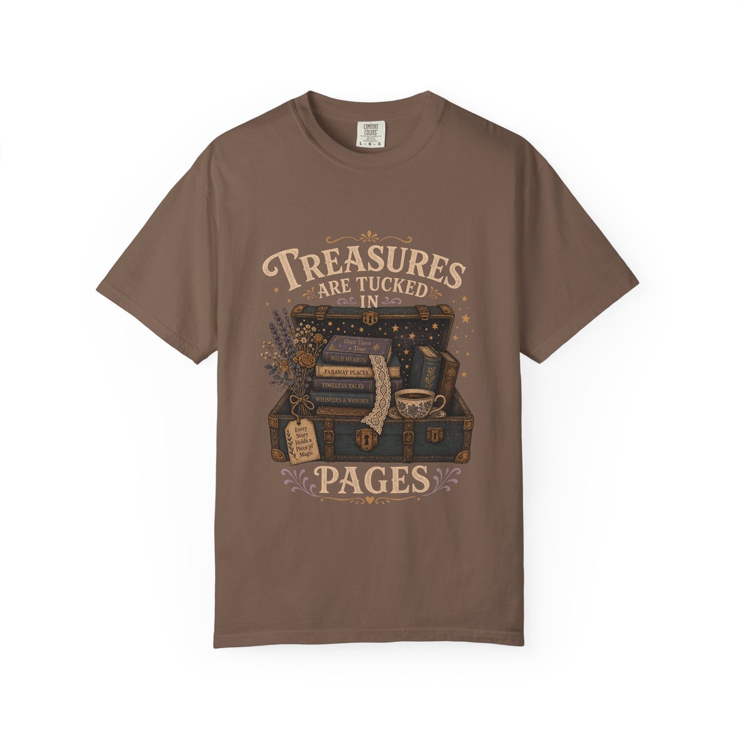 Treasures Are Tucked in Pages book lover T-shirt in Espresso with a vintage trunk, books, flowers and teacup artwork