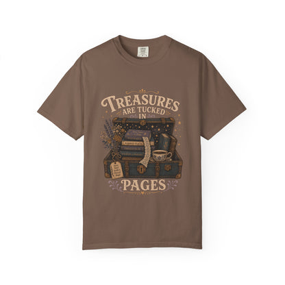 Treasures Are Tucked in Pages book lover T-shirt in Espresso with a vintage trunk, books, flowers and teacup artwork