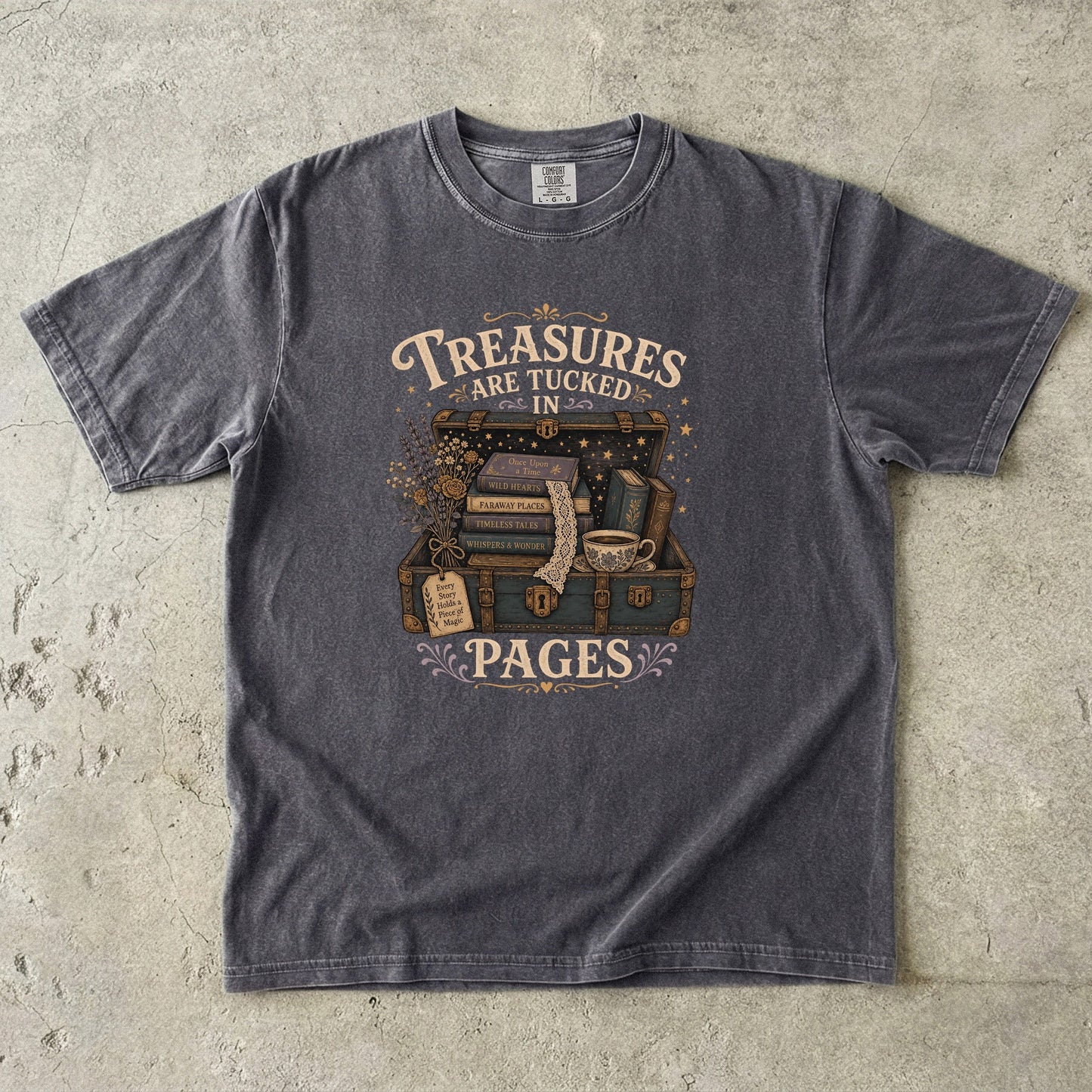 Treasures Are Tucked in Pages book lover T-shirt in Pepper with a vintage trunk, books, flowers and teacup artwork