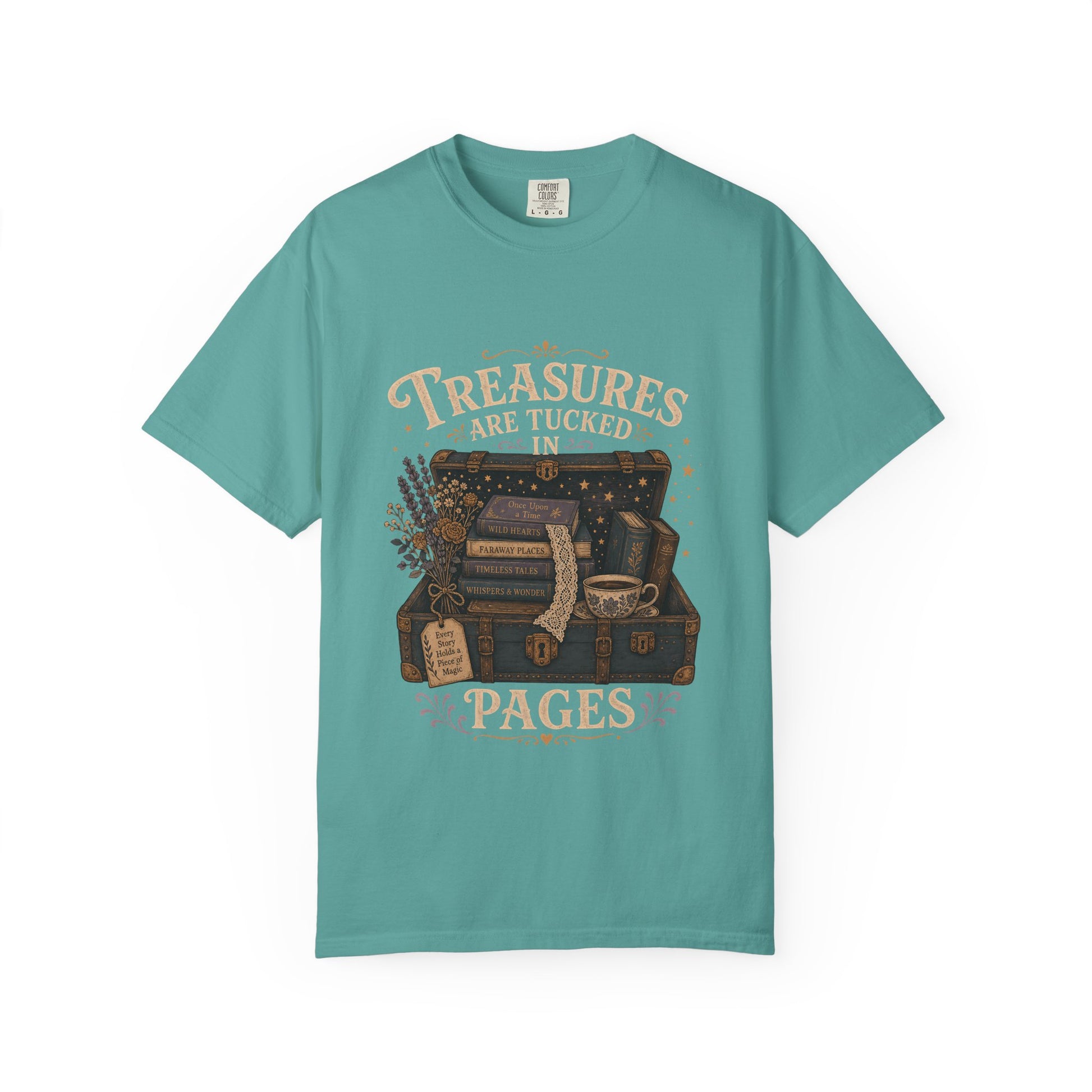 Front view of the Comfort Colors 1717 T-shirt in Seafoam featuring the "Treasures Are Tucked in Pages" vintage illustration with an open treasure chest filled with books 

