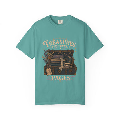 Front view of the Comfort Colors 1717 T-shirt in Seafoam featuring the "Treasures Are Tucked in Pages" vintage illustration with an open treasure chest filled with books 

