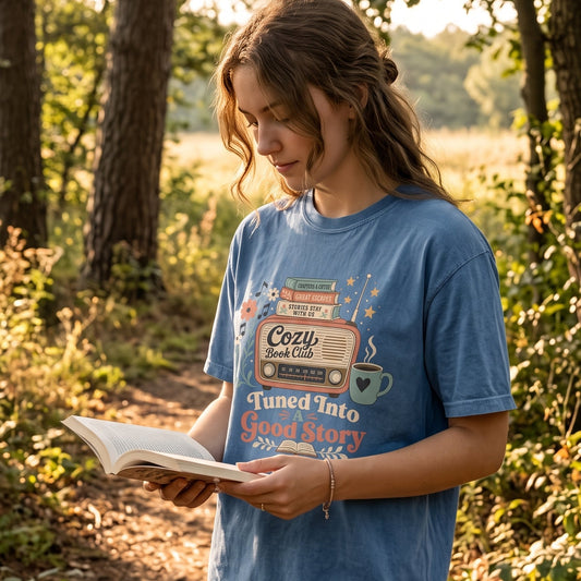Woman wearing the Tuned Into a Good Story Comfort Colors Book Lover T-shirt while reading outdoors with a cozy vintage aesthetic.