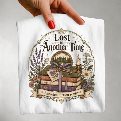 Close-up of the Lost in Another Time artwork showing a vintage bookshop, stacked books and botanical details inspired by storytelling.