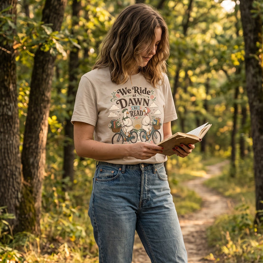 Woman wearing We Ride at Dawn to Read book lover T-shirt outdoors while reading, featuring two geese riding bicycles with baskets of books.