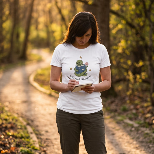 Woman wearing Well Read Little Worm book lover T-shirt outdoors while writing in a notebook, featuring a cute reading bookworm design.