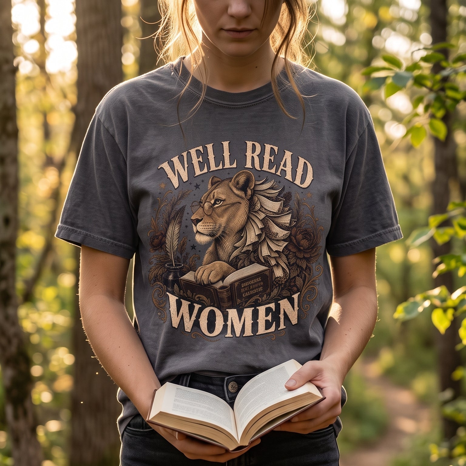 Woman reading outdoors wearing a Well Read Women book lover T-shirt with vintage lioness artwork.