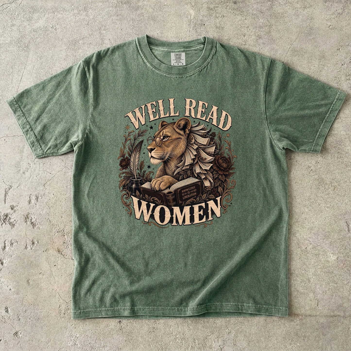 Moss Comfort Colors book lover T-shirt with a literary lioness, books and Well Read Women artwork.
