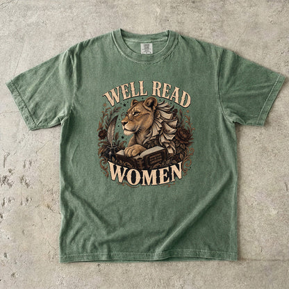 Moss Comfort Colors book lover T-shirt with a literary lioness, books and Well Read Women artwork.