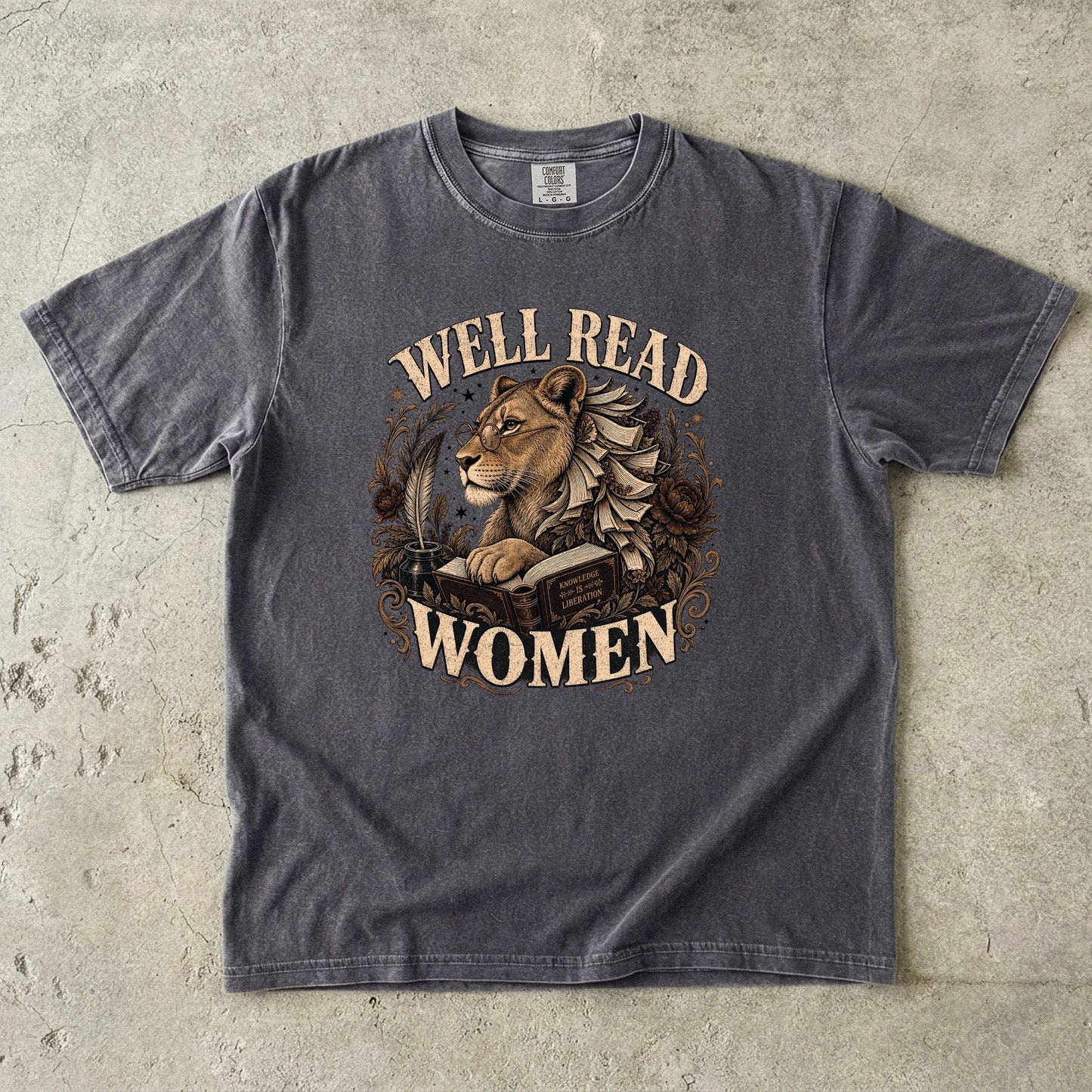 Pepper Comfort Colors book lover T-shirt featuring a vintage lioness, books and Well Read Women design.
