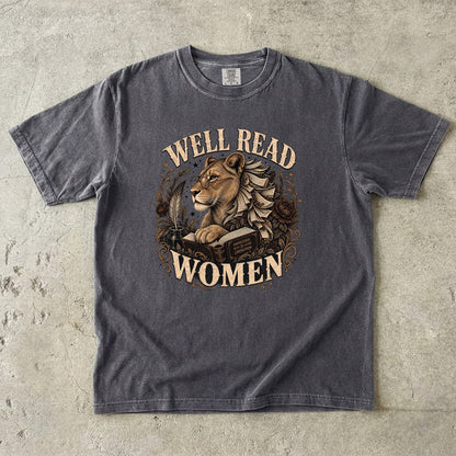 Pepper Comfort Colors book lover T-shirt featuring a vintage lioness, books and Well Read Women design.
