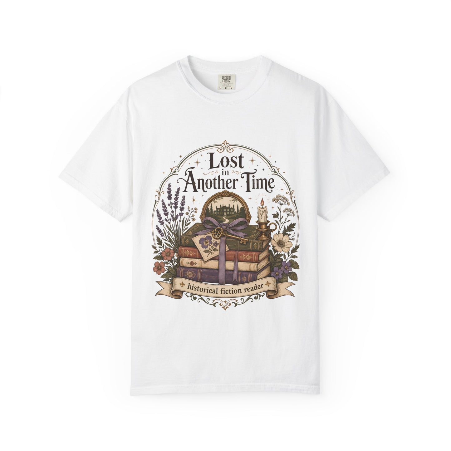 White graphic T-shirt featuring a vintage bookshop illustration celebrating readers who love timeless stories.