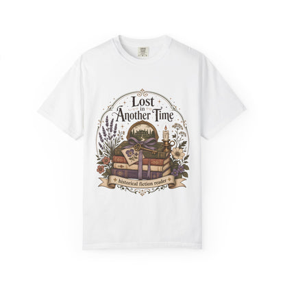 White graphic T-shirt featuring a vintage bookshop illustration celebrating readers who love timeless stories.