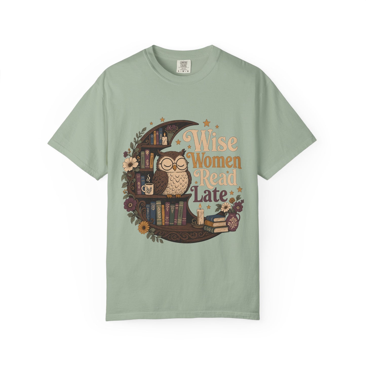 Wise Women Read Late Book Lover Shirt printed on a Comfort Colors 1717 Bay garment-dyed T-shirt front view featuring a vintage owl, bookshelf and literary artwork.