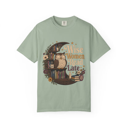 Wise Women Read Late Book Lover Shirt printed on a Comfort Colors 1717 Bay garment-dyed T-shirt front view featuring a vintage owl, bookshelf and literary artwork.