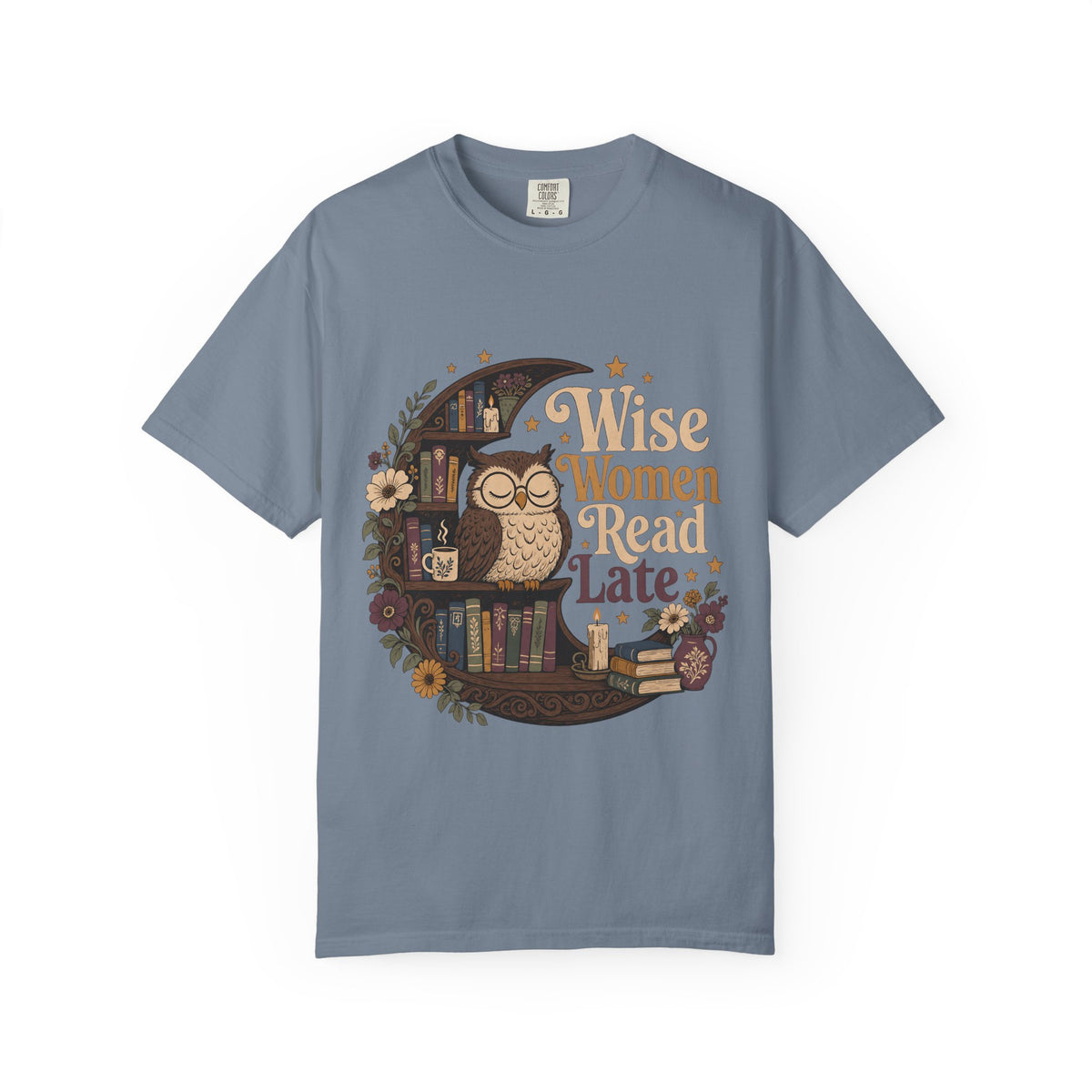 Wise Women Read Late night owl reading T-shirt in Blue Jean featuring an owl, crescent bookshelf, books, flowers and candles