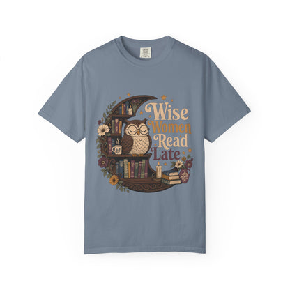 Wise Women Read Late night owl reading T-shirt in Blue Jean featuring an owl, crescent bookshelf, books, flowers and candles