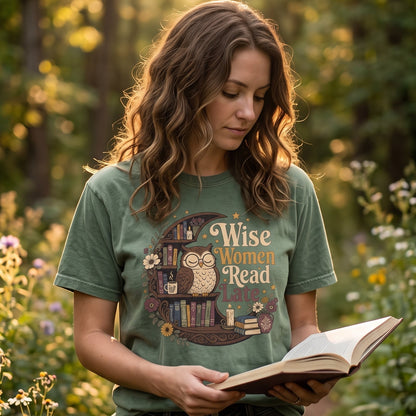 Wise Women Read Late night owl reading T-shirt featuring an owl in a crescent bookshelf surrounded by books, flowers and candles