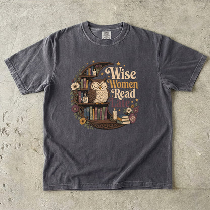 Wise Women Read Late night owl reading T-shirt in Pepper featuring an owl, crescent bookshelf, books, flowers and candles