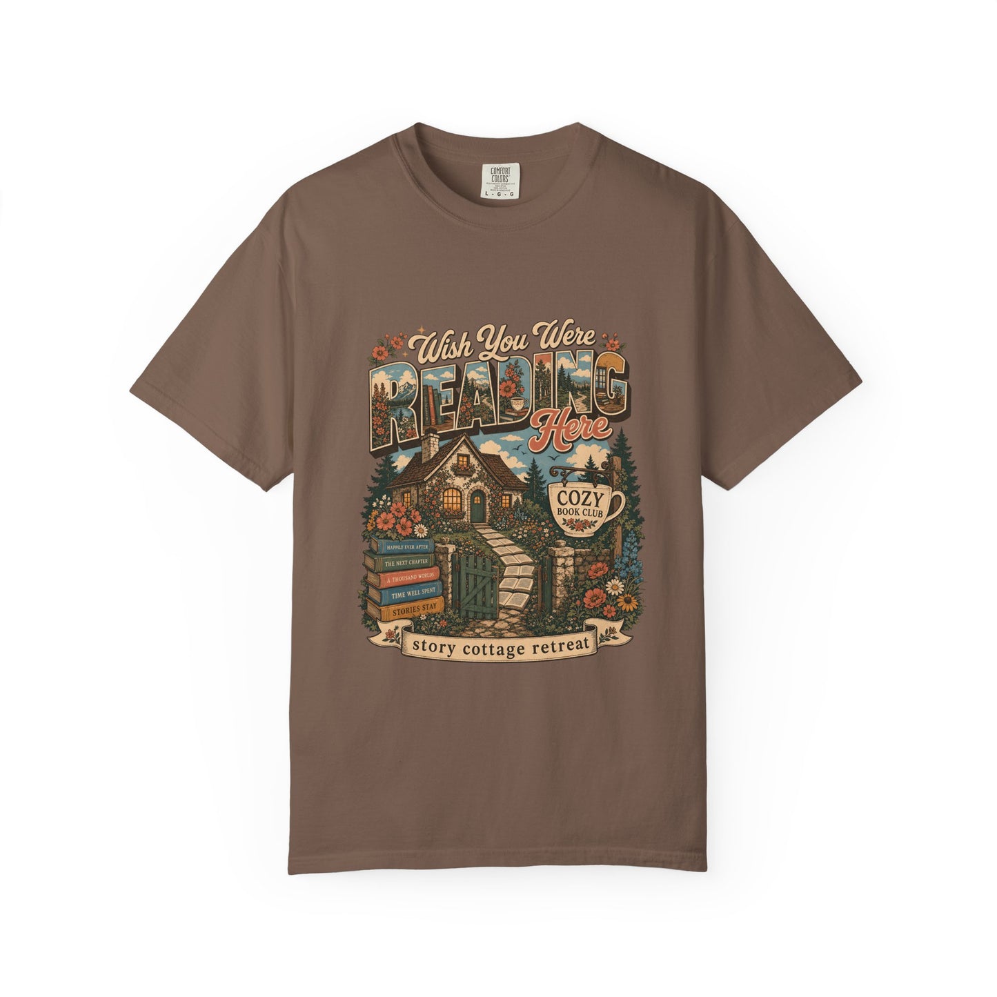 Wish You Were Reading Here book lover T-shirt with story cottage and garden reading retreat design on Espresso.