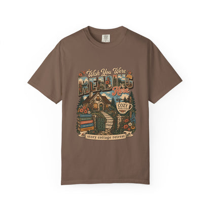Wish You Were Reading Here book lover T-shirt with story cottage and garden reading retreat design on Espresso.