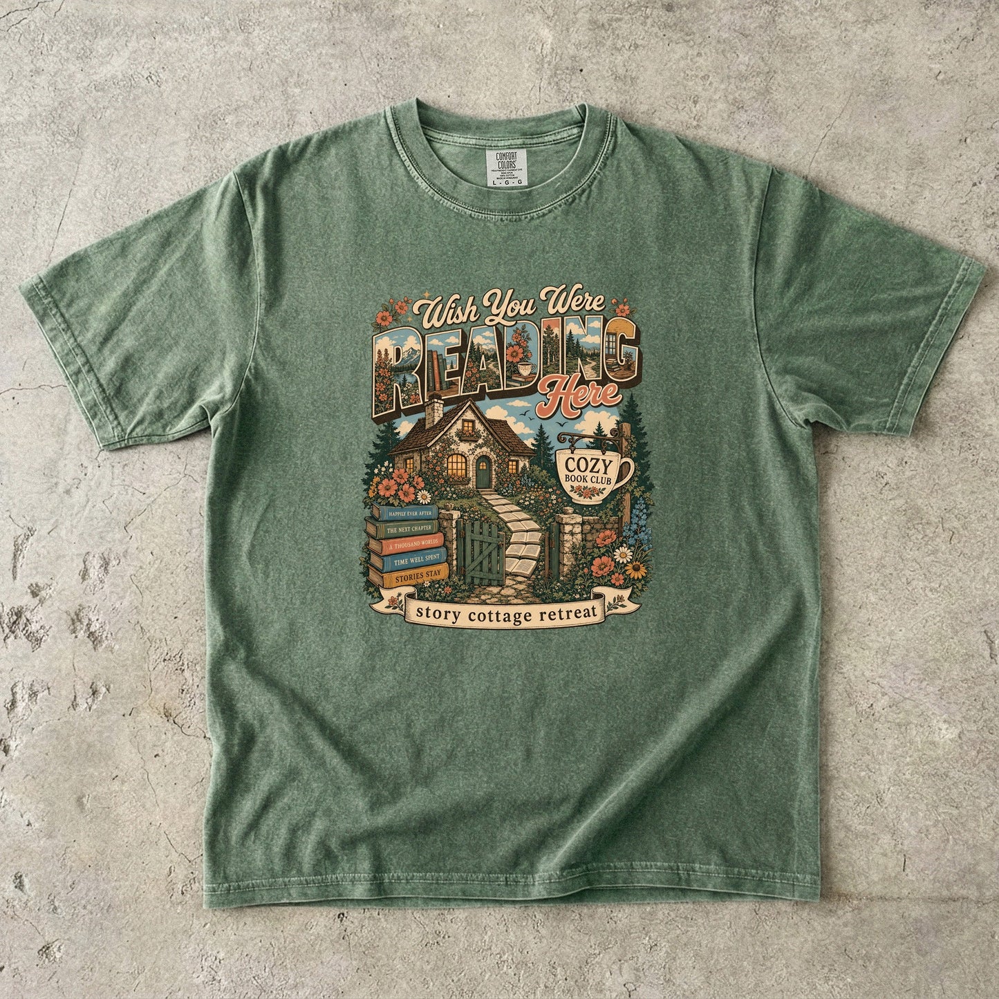 Wish You Were Reading Here book lover T-shirt with story cottage and garden reading retreat design on Moss.
