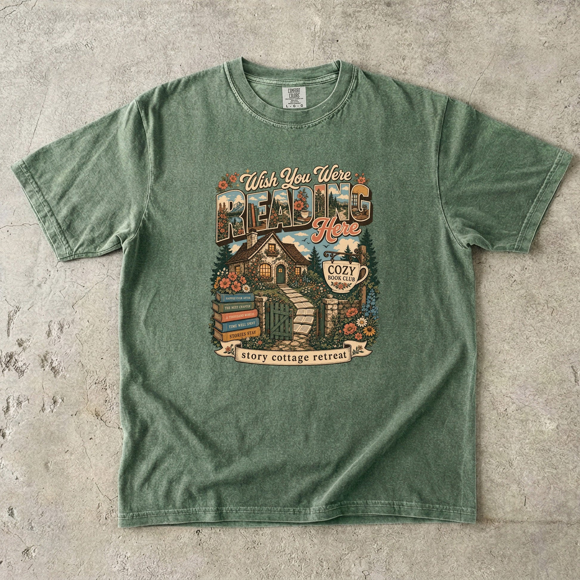 Wish You Were Reading Here book lover T-shirt with story cottage and garden reading retreat design on Moss.