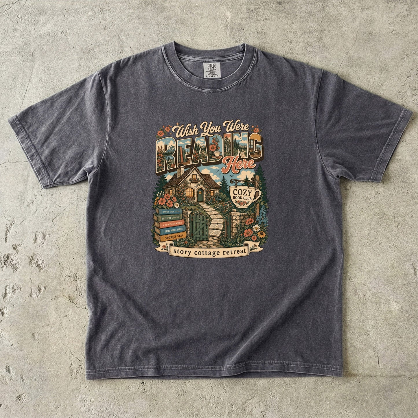 Wish You Were Reading Here book lover T-shirt with story cottage and garden reading retreat design on Pepper.