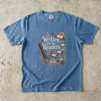 Written for the Readers literary T-shirt in Blue Jean featuring a vintage fountain pen, open books, flowers, moons and teacups