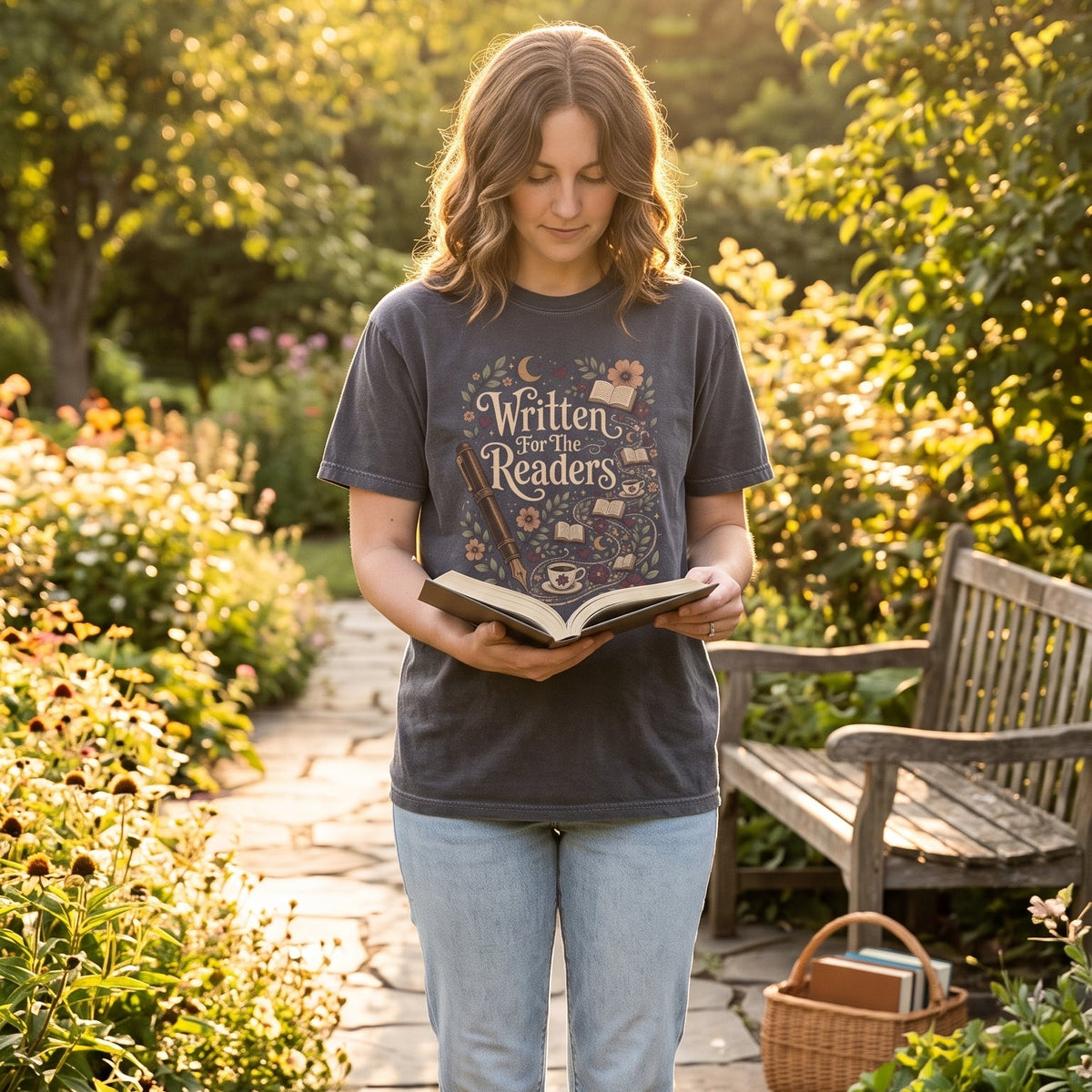 Written for the Readers literary T-shirt featuring a fountain pen surrounded by open books, flowers, hearts, moons and teacups