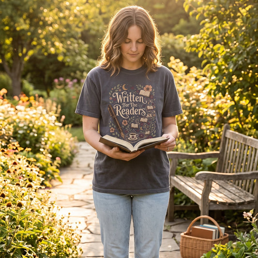 Written for the Readers literary T-shirt featuring a fountain pen surrounded by open books, flowers, hearts, moons and teacups